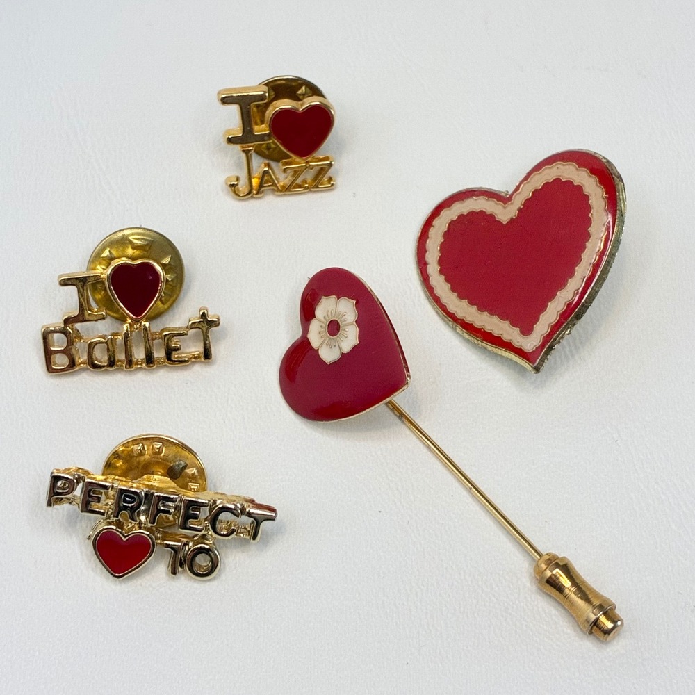 Vintage Heart Pin Lot Red Enamel I Love Ballet Jazz Perfect 10 Stick Pin Brooch